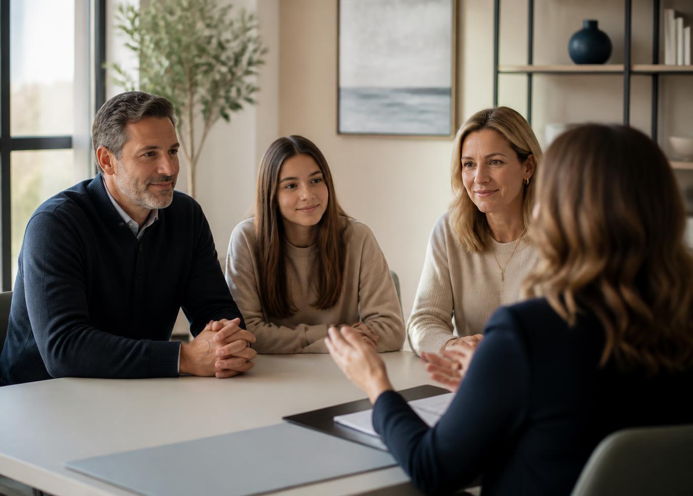 An education consultant meeting a family to discuss school applications
